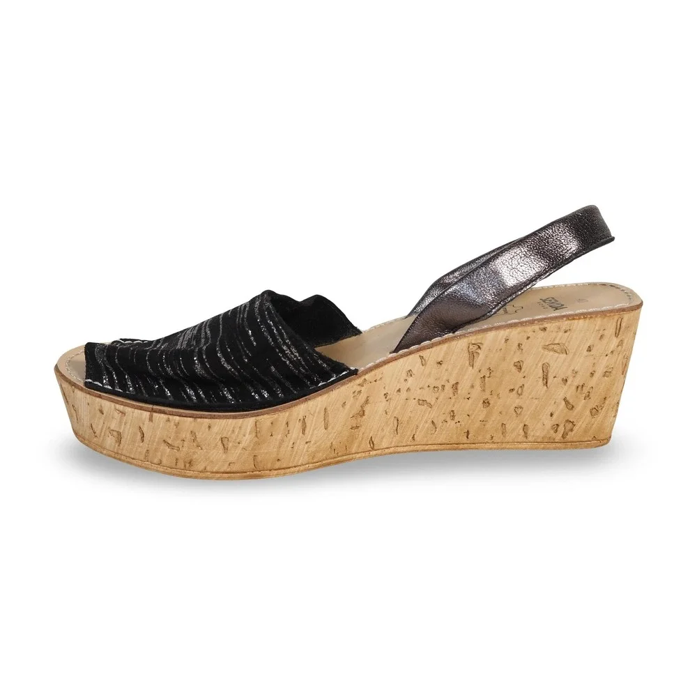 Senda Road Platform Cork Wedge Sandals Women's 9/40 Black Silver Slingback
